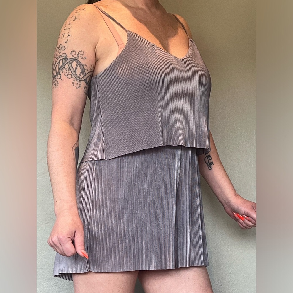 Elodie purplish gray pleated satin feel romper